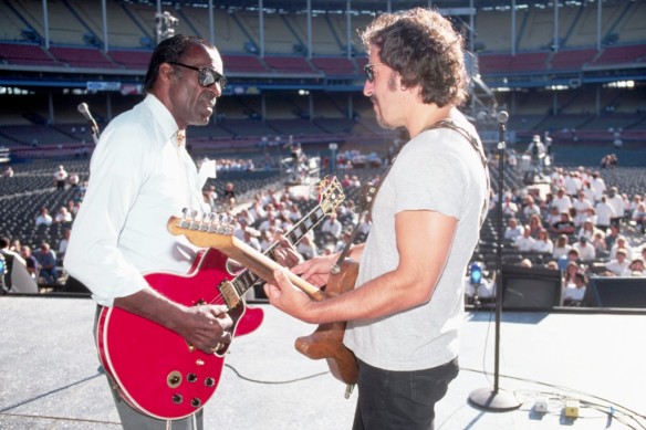 Chuck Berry and Bruce Springsteen playing their guitars like they're ringing a bell. Sound check September 1995