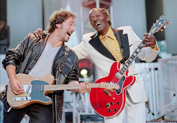 Chuck Berry and Bruce Springsteen perform Johnny B Goode, September 2, 1995, Cleveland, Ohio