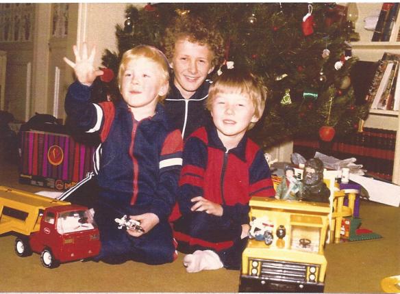 Ryan Barr Hilligoss with his brothers Kevin Lee and Robert Sean, Christmas morning, 1980, Godfrey, Il