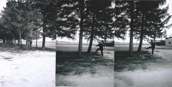 Pine trees in front of Humboldt Elementary school. Dad first points to where the trees stood in height when he was a student and then recreates how he used to jump over them everyday at recess.