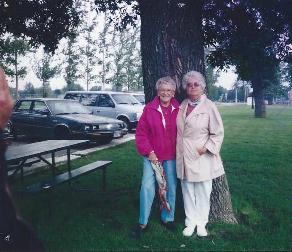 Mary Francis Cook Hilligoss and Letha Cook Hilligoss. Hilligoss reunion, Tuscola, Il 1992?